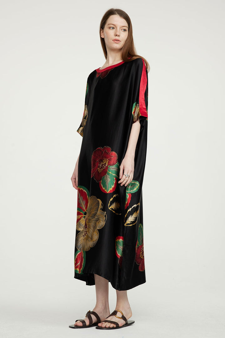 Vestido maxi de seda aconchegante com estampa floral - vermelho