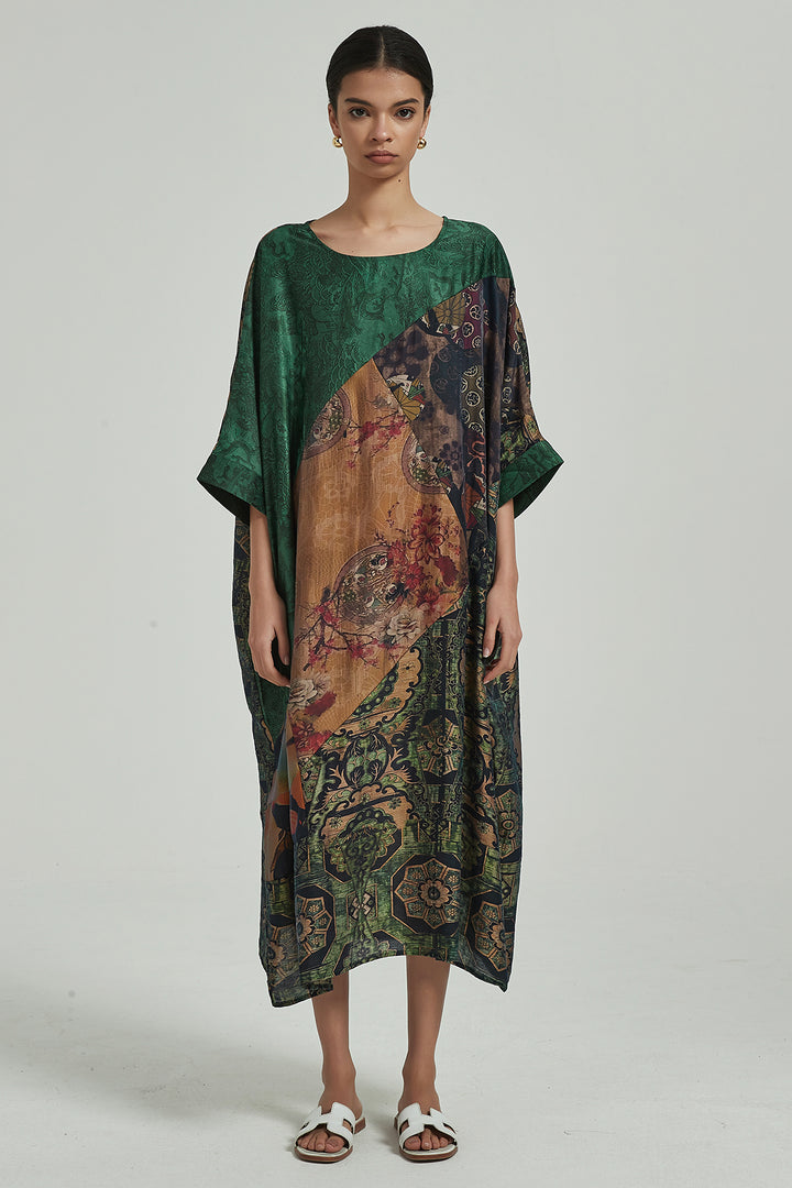 Vestido de seda casual com estampa retrô manga morcego