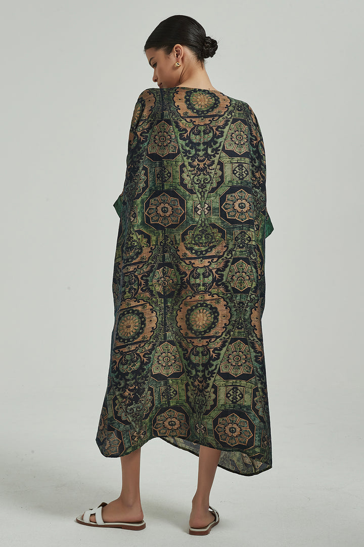 Vestido de seda casual com estampa retrô manga morcego