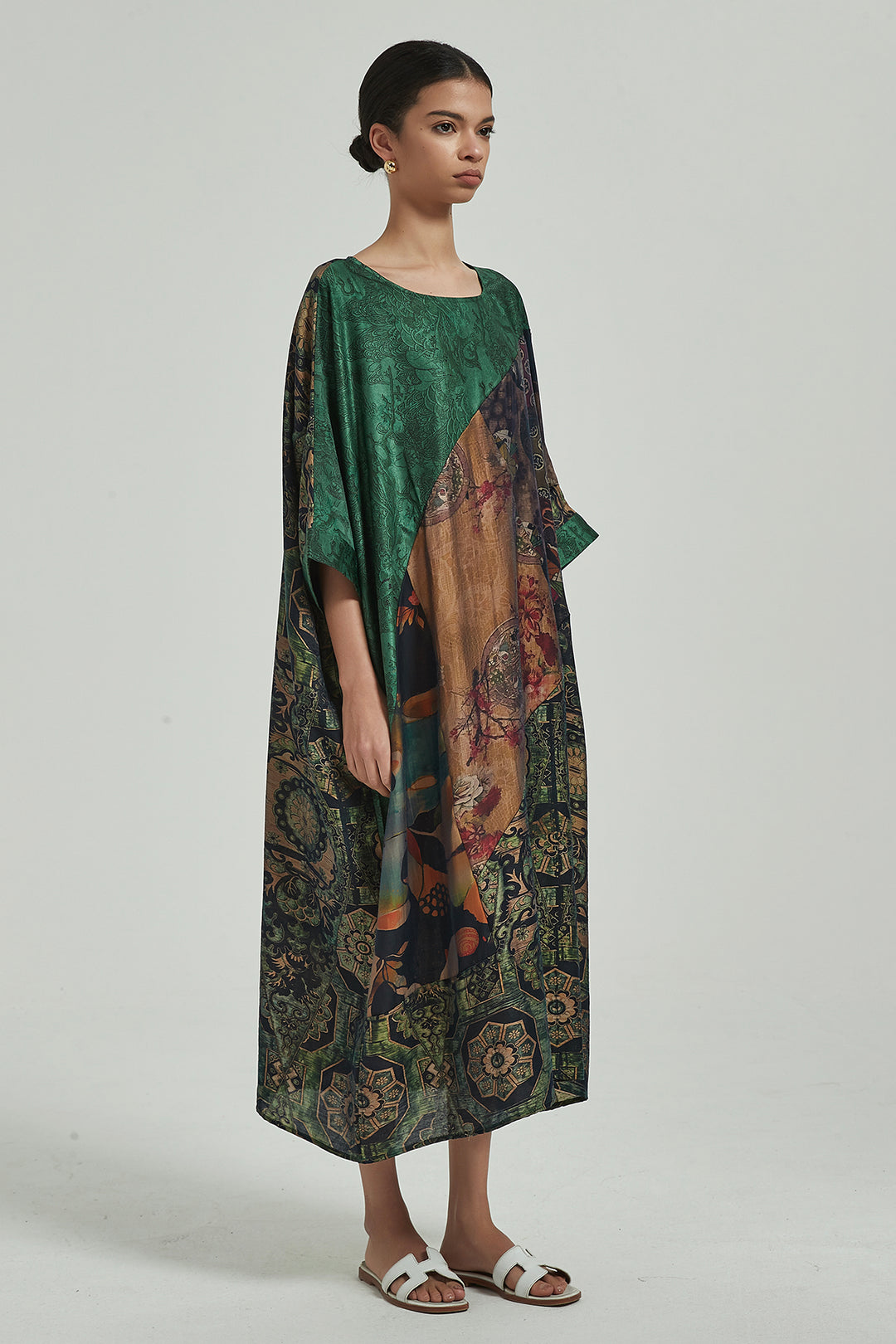 Batwing Sleeve Retro Print Casual Silk Dress
