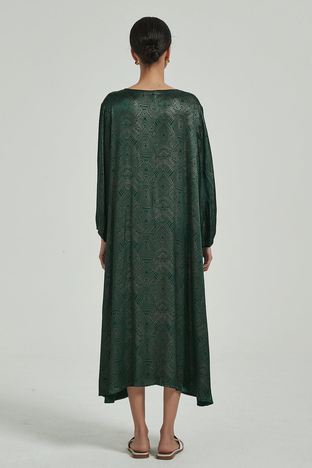 V-Neck Slim Waist Long Sleeve Quality Silk Maxi Dress