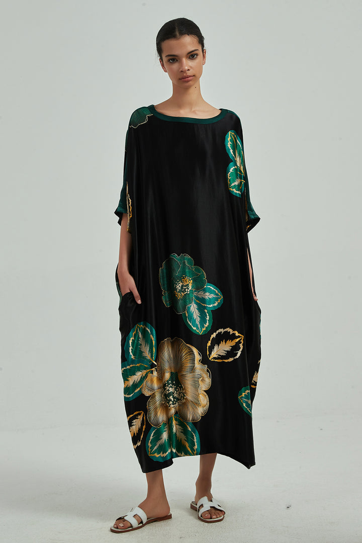 Robe longue confortable en soie à imprimé floral