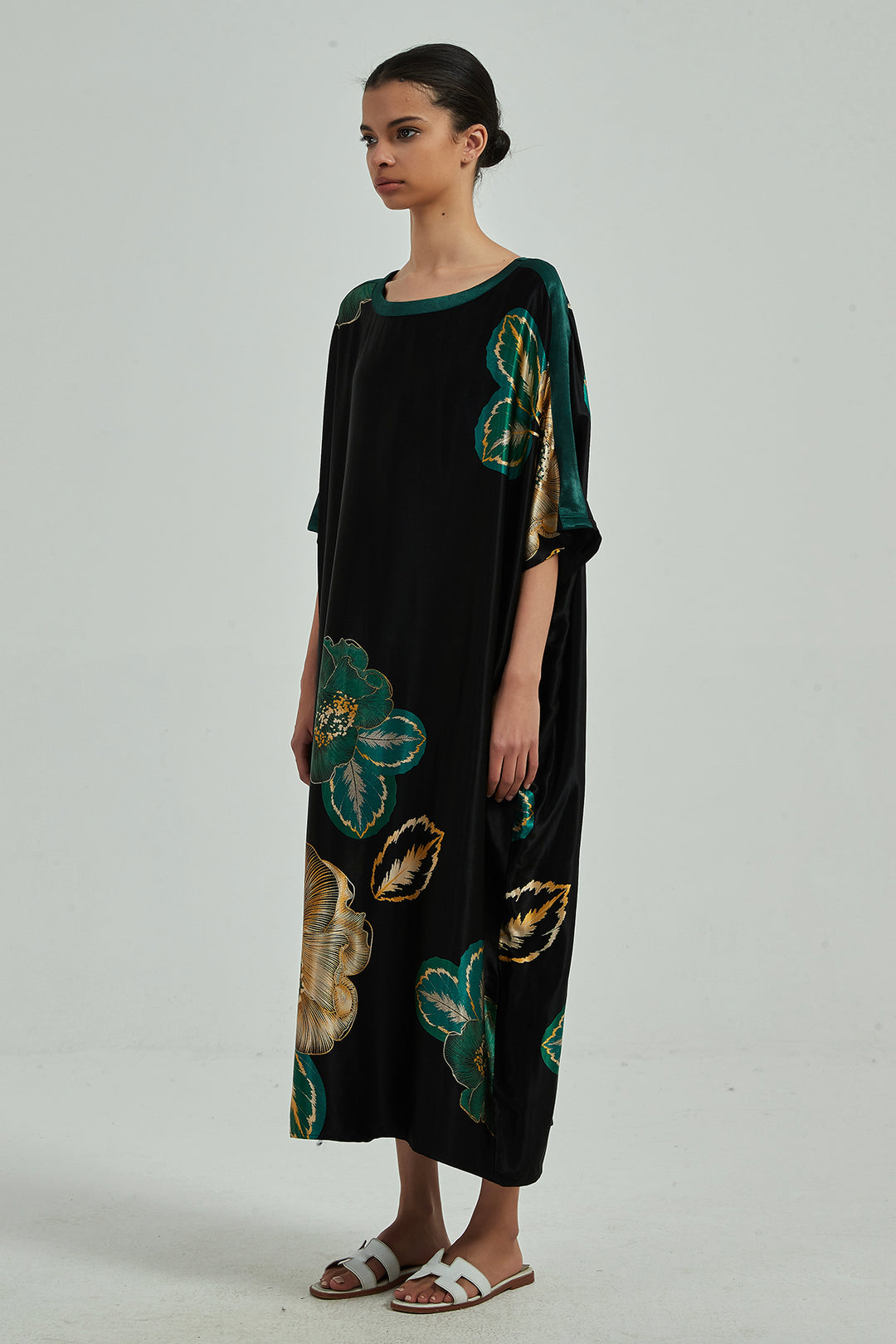 Robe longue confortable en soie à imprimé floral