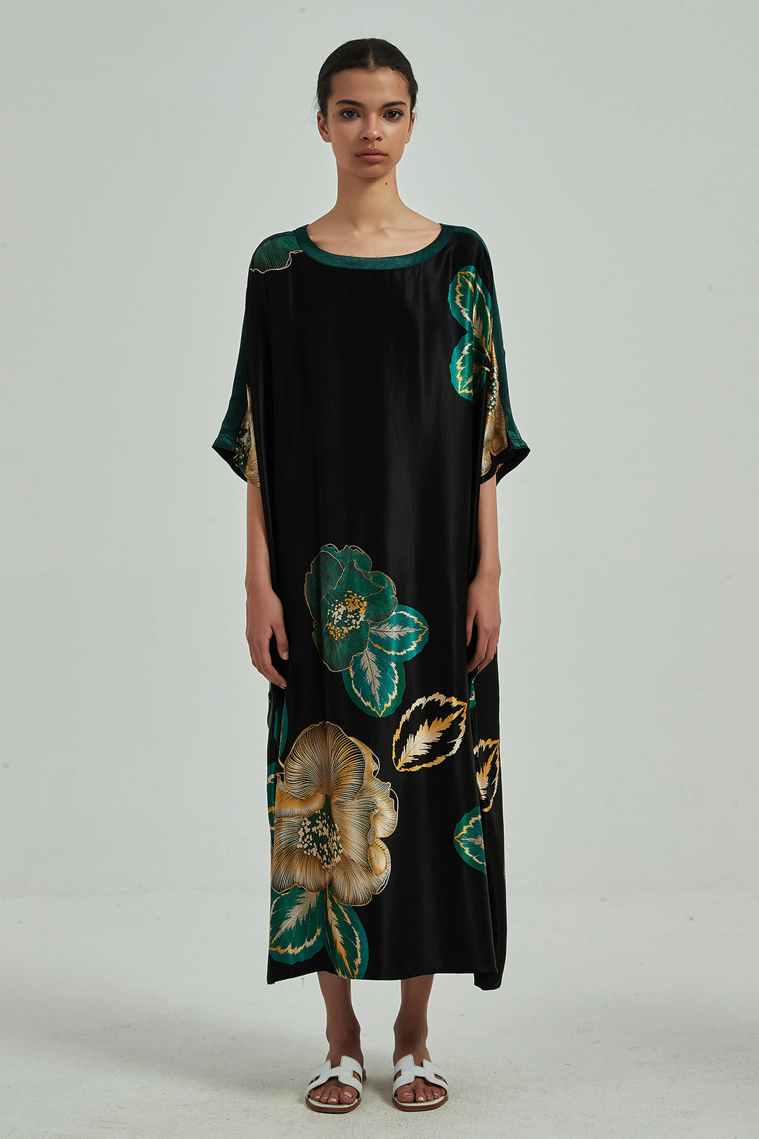 Robe longue confortable en soie à imprimé floral