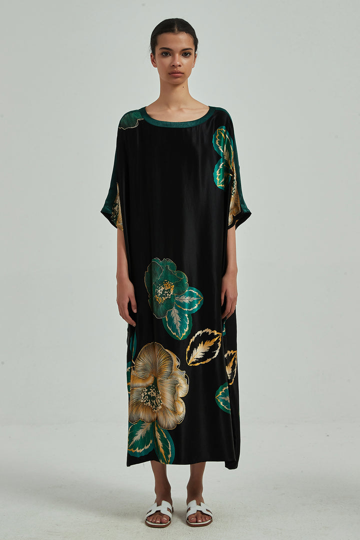 Robe longue confortable en soie à imprimé floral