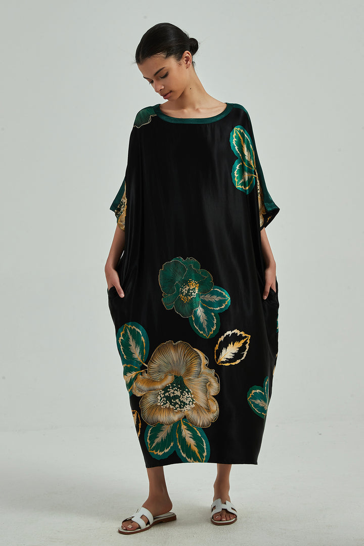 Robe longue confortable en soie à imprimé floral
