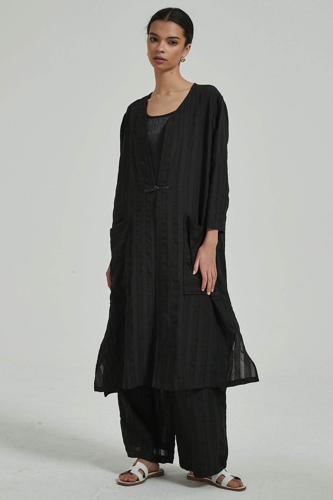 Einfarbiges, legeres, gestreiftes, gemütliches Zweier-Set aus Baumwolle mit weitem Bein