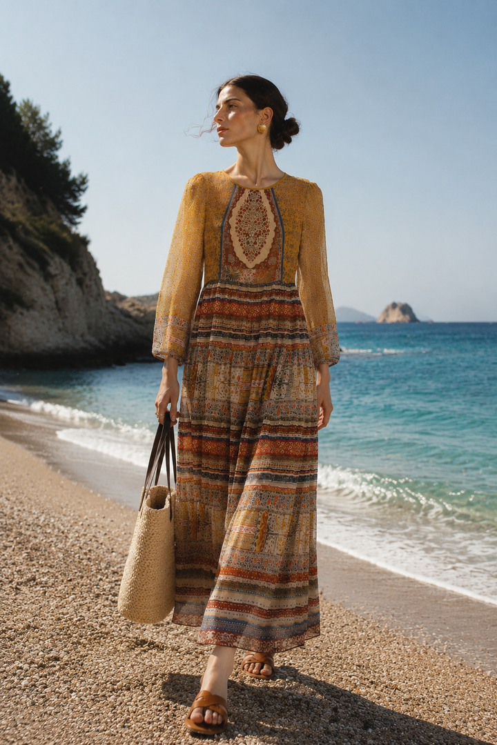 Theodora Vintage Print Silk Maxi Dress