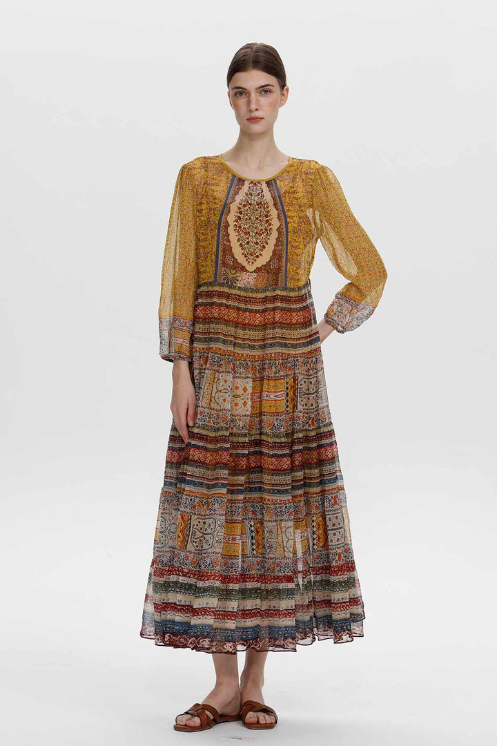 Theodora Vintage Print Silk Maxi Dress