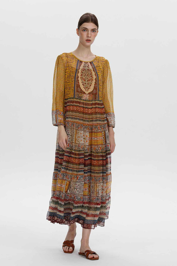 Theodora Vintage Print Silk Maxi Dress