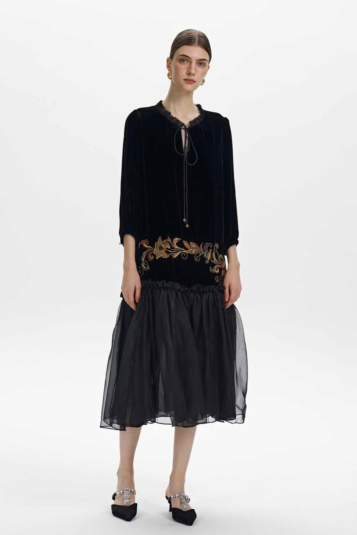 Ottilie Embroidered Velvet Midi Dress