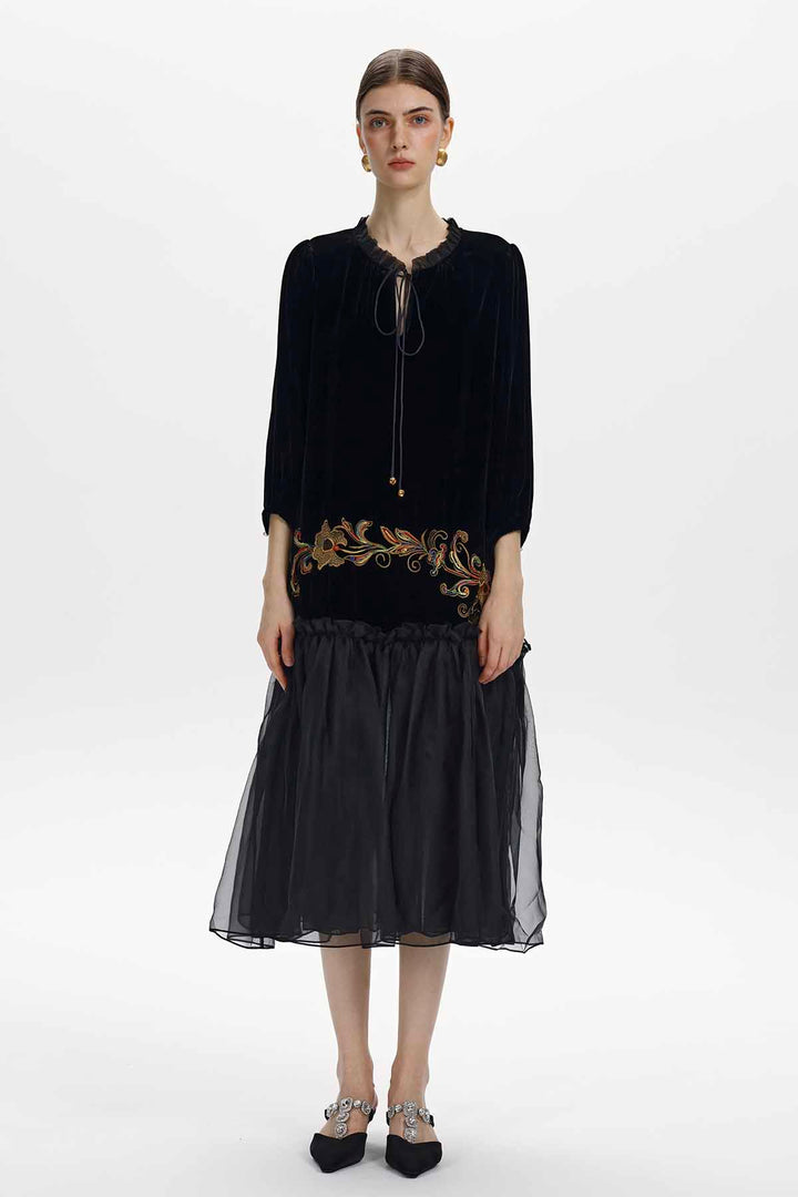 Ottilie Embroidered Velvet Midi Dress