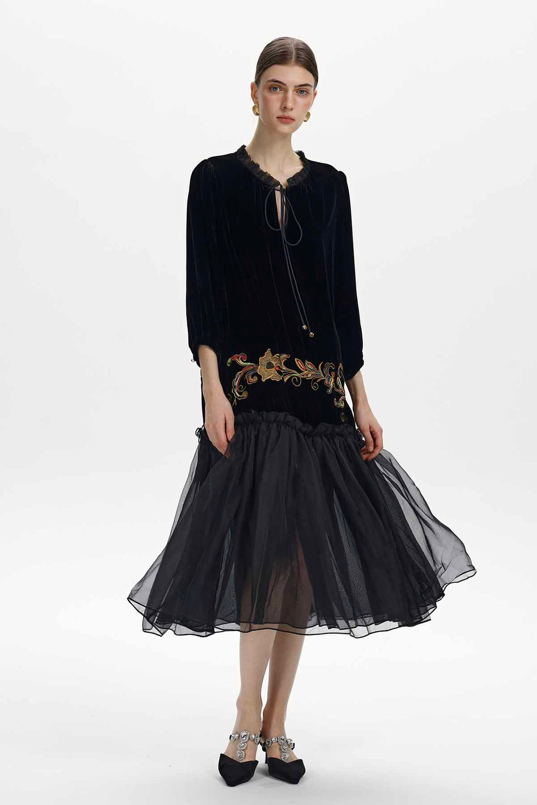 Ottilie Embroidered Velvet Midi Dress