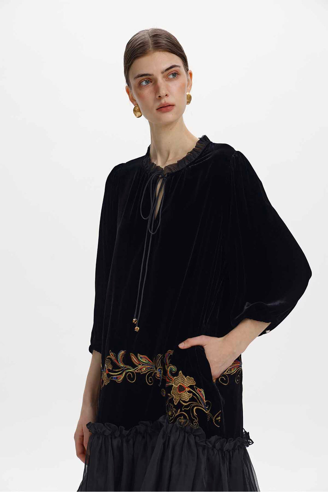 Ottilie Embroidered Velvet Midi Dress