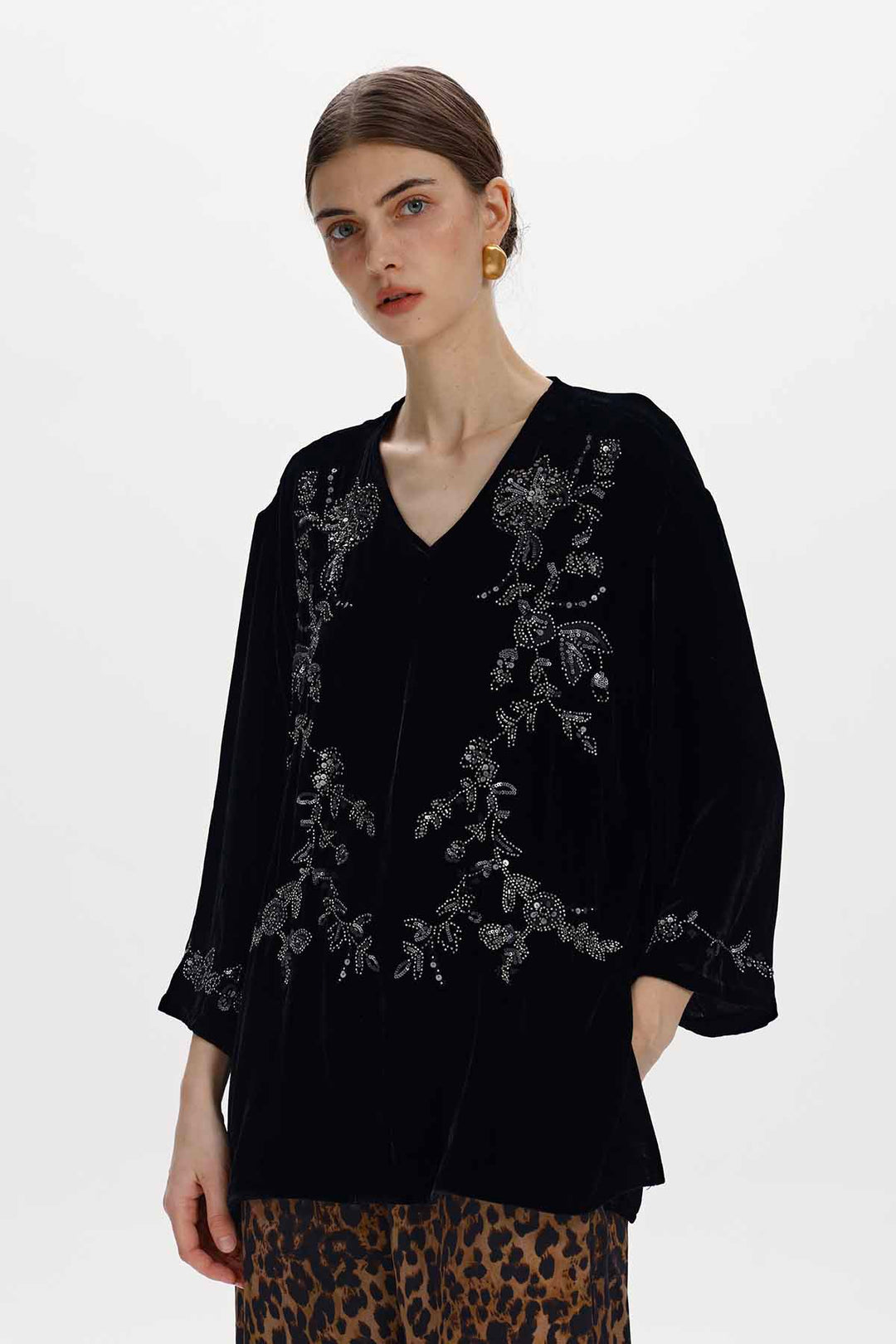 Clotilde Floral Beaded Velvet Top