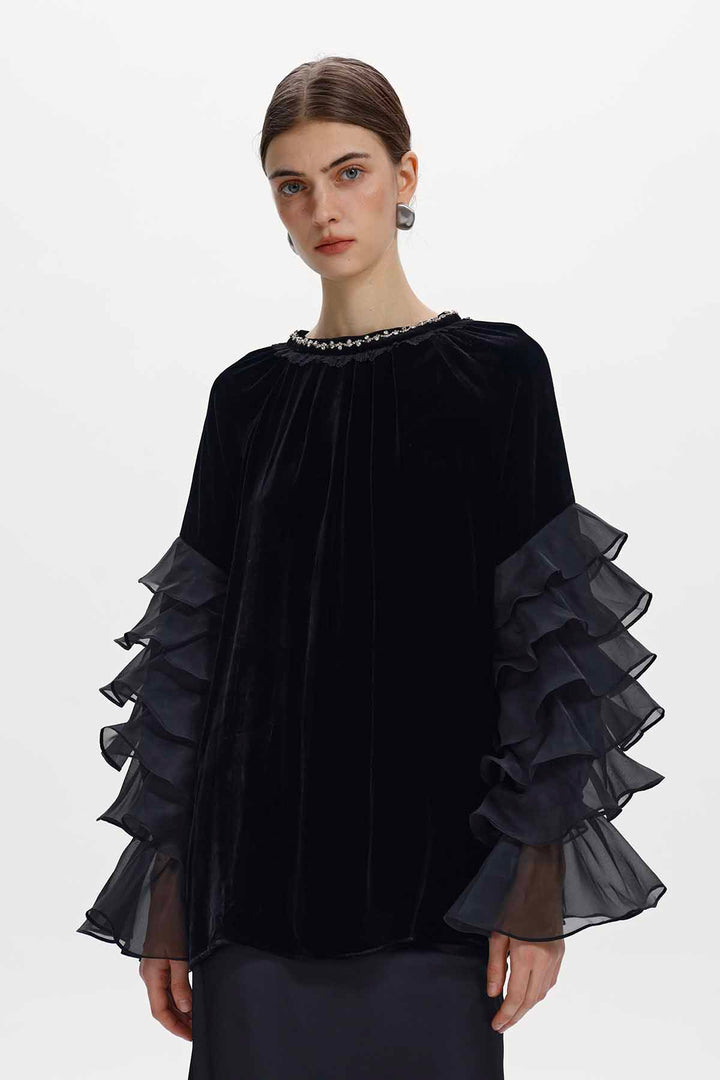 Delia Ruffle Sleeve Velvet Top