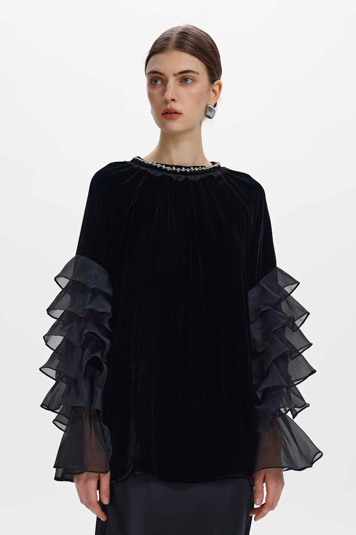 Delia Ruffle Sleeve Velvet Top