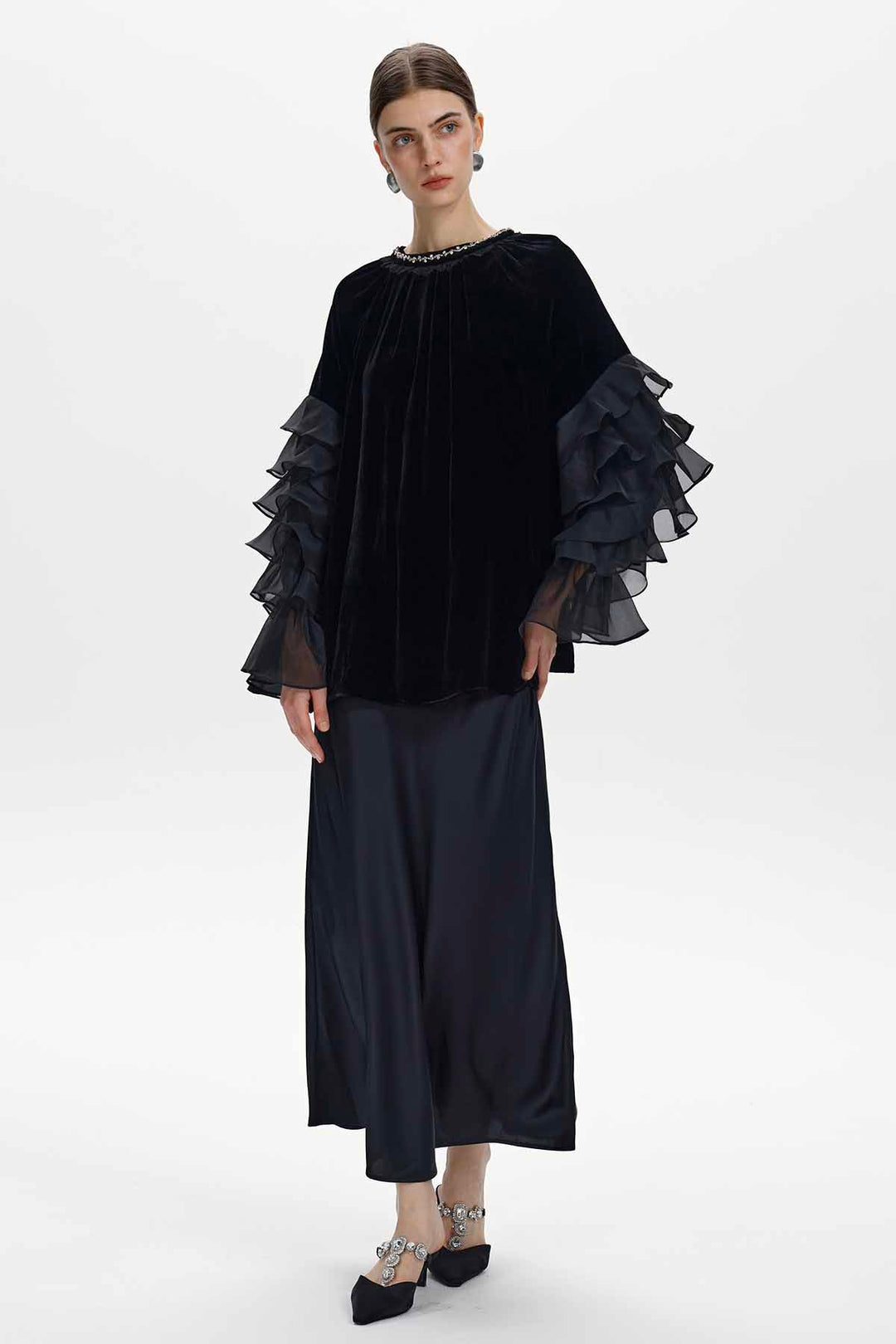 Delia Ruffle Sleeve Velvet Top