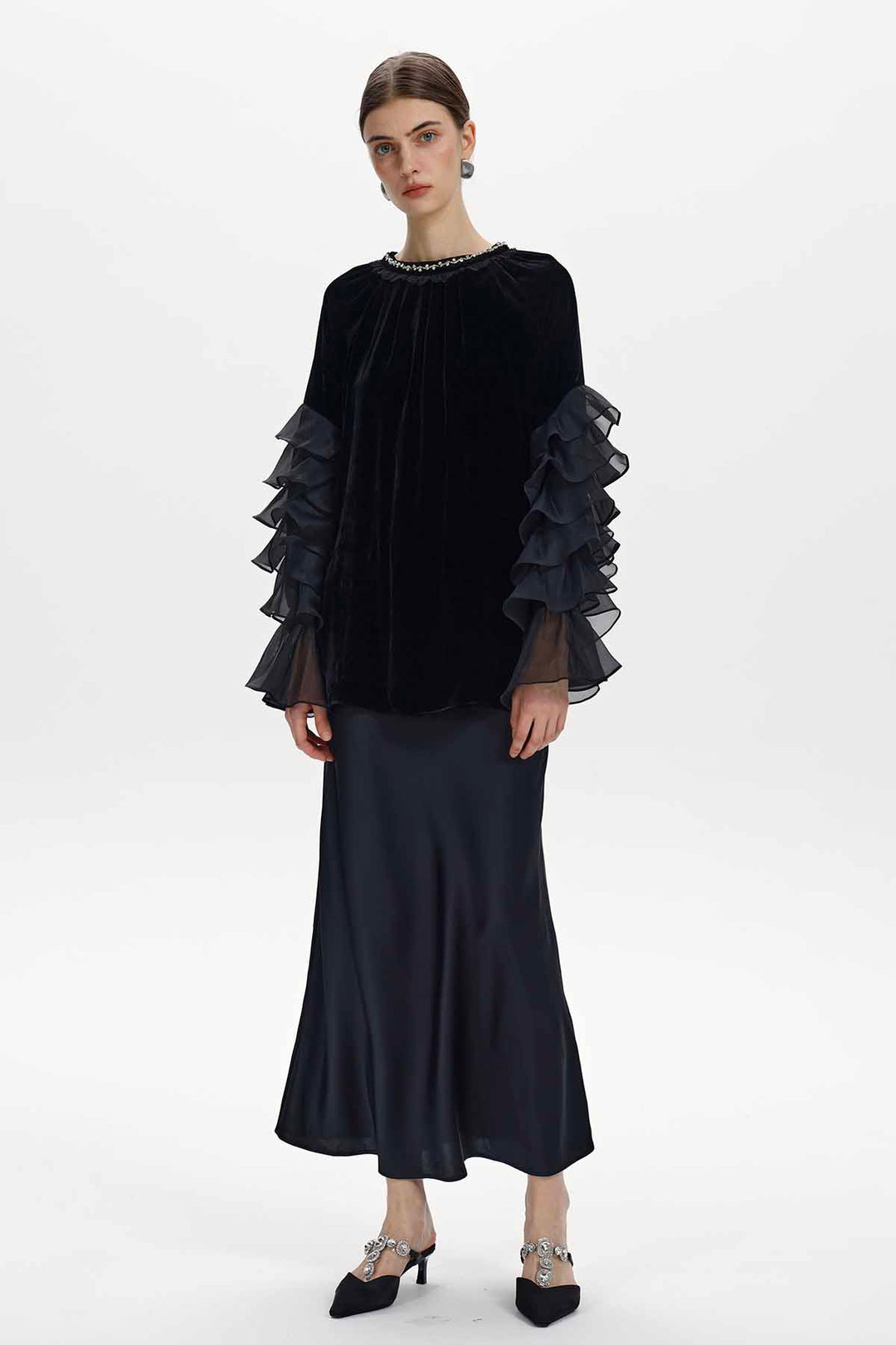 Delia Ruffle Sleeve Velvet Top