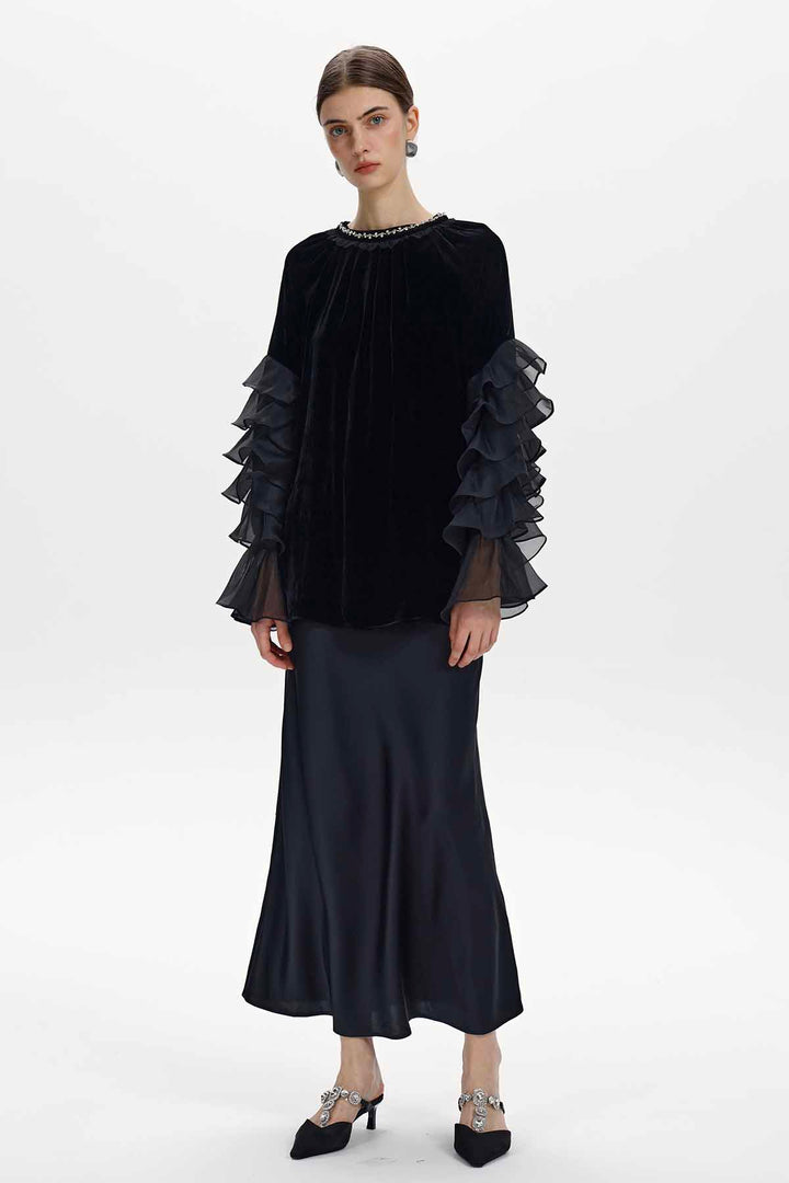 Delia Ruffle Sleeve Velvet Top