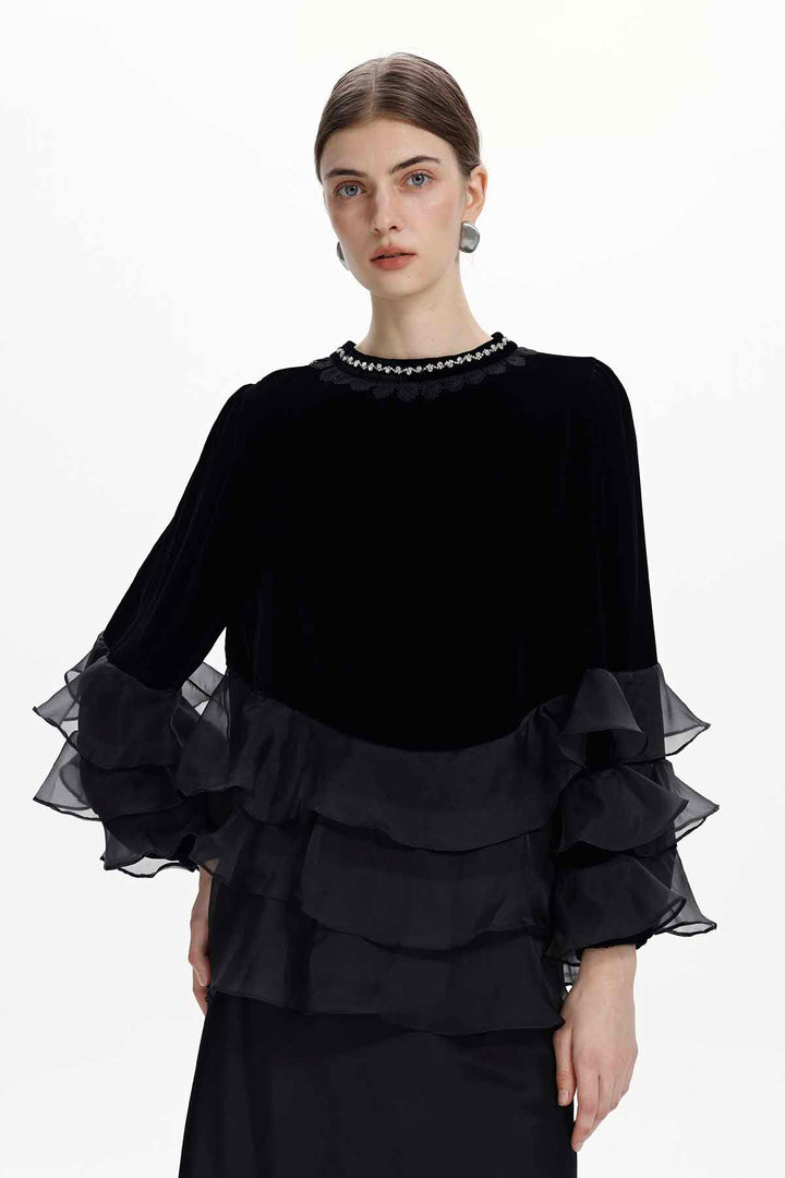 Mirabelle Layered-Ruffle Velvet Top