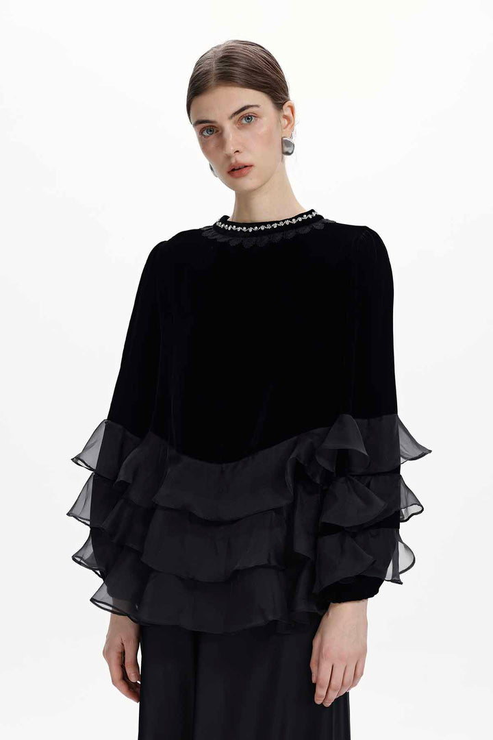 Mirabelle Layered-Ruffle Velvet Top