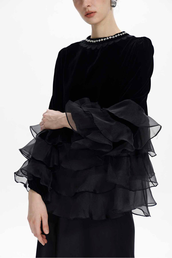 Mirabelle Layered-Ruffle Velvet Top