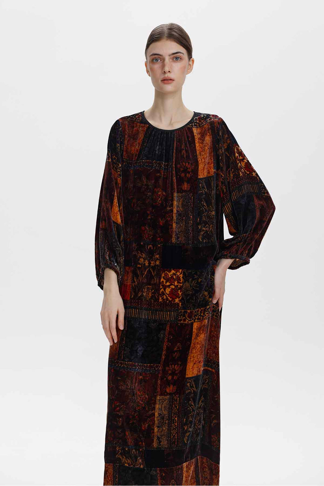 Ismerie Patchwork Print Velvet Maxi Dress