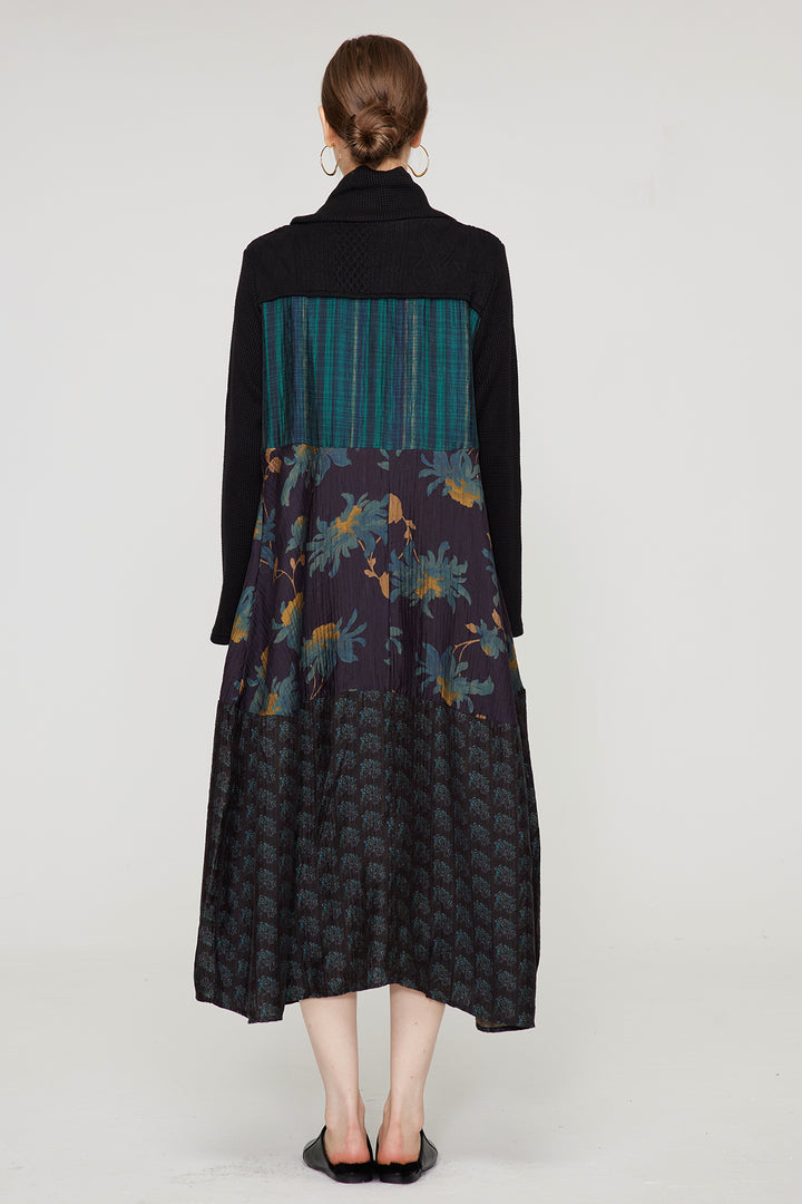 Patchwork-besticktes, hochgeschlossenes Vintage-Kleid