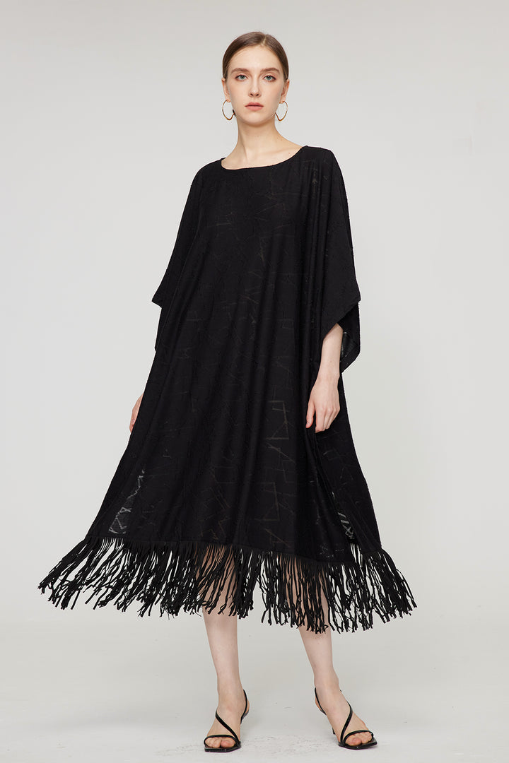 Batwing Sleeve Elegant Tassel Black Dress