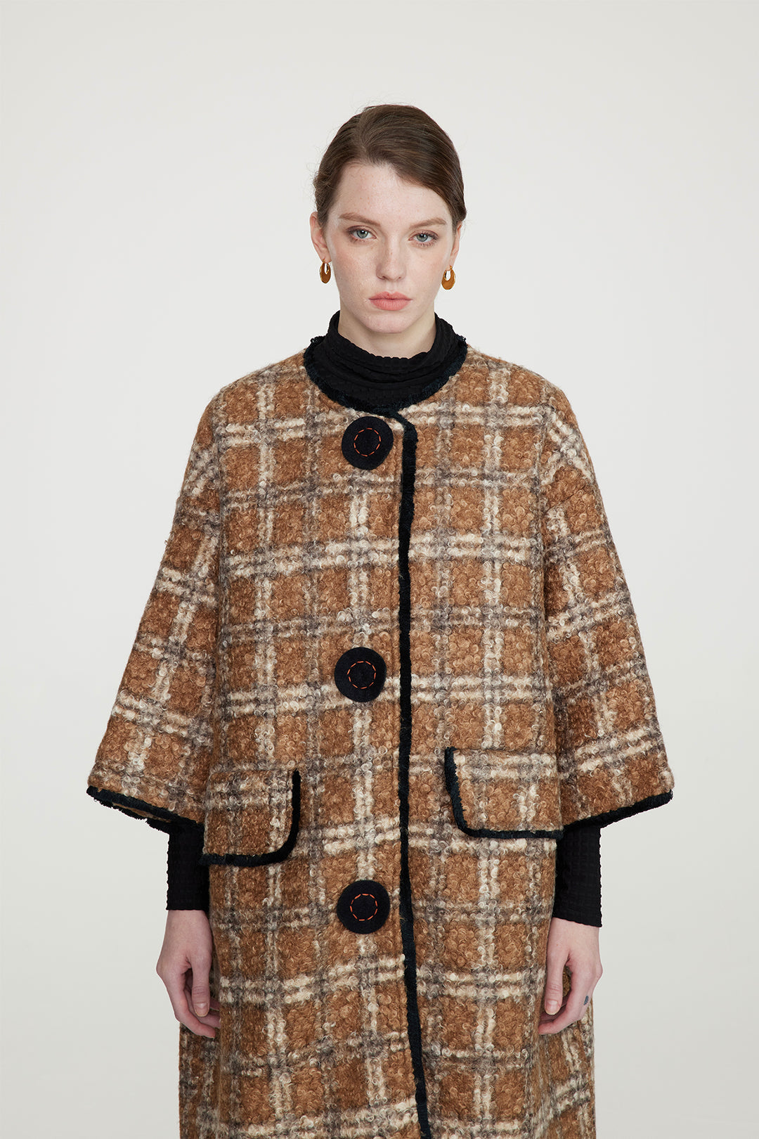 Handcrafted Embroidered Button Grid Wool Coat