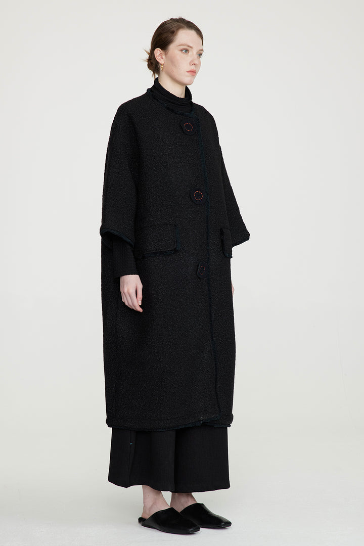 Handcrafted Embroidered Button Grid Wool Coat