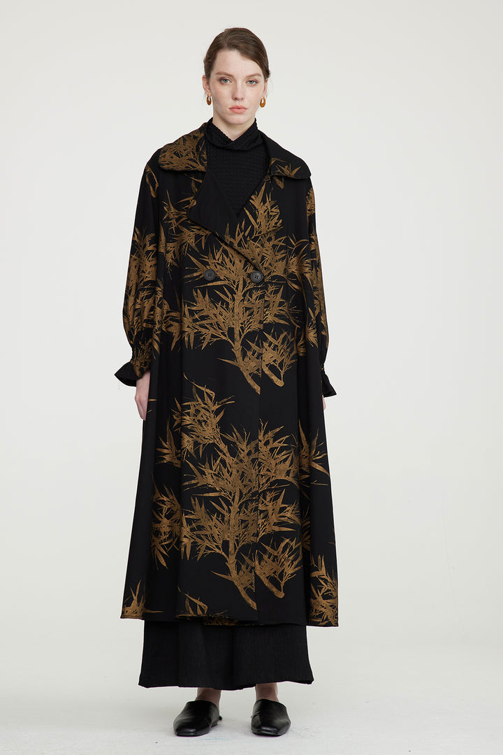 Manteau long confortable à imprimé feuilles, coupe ample
