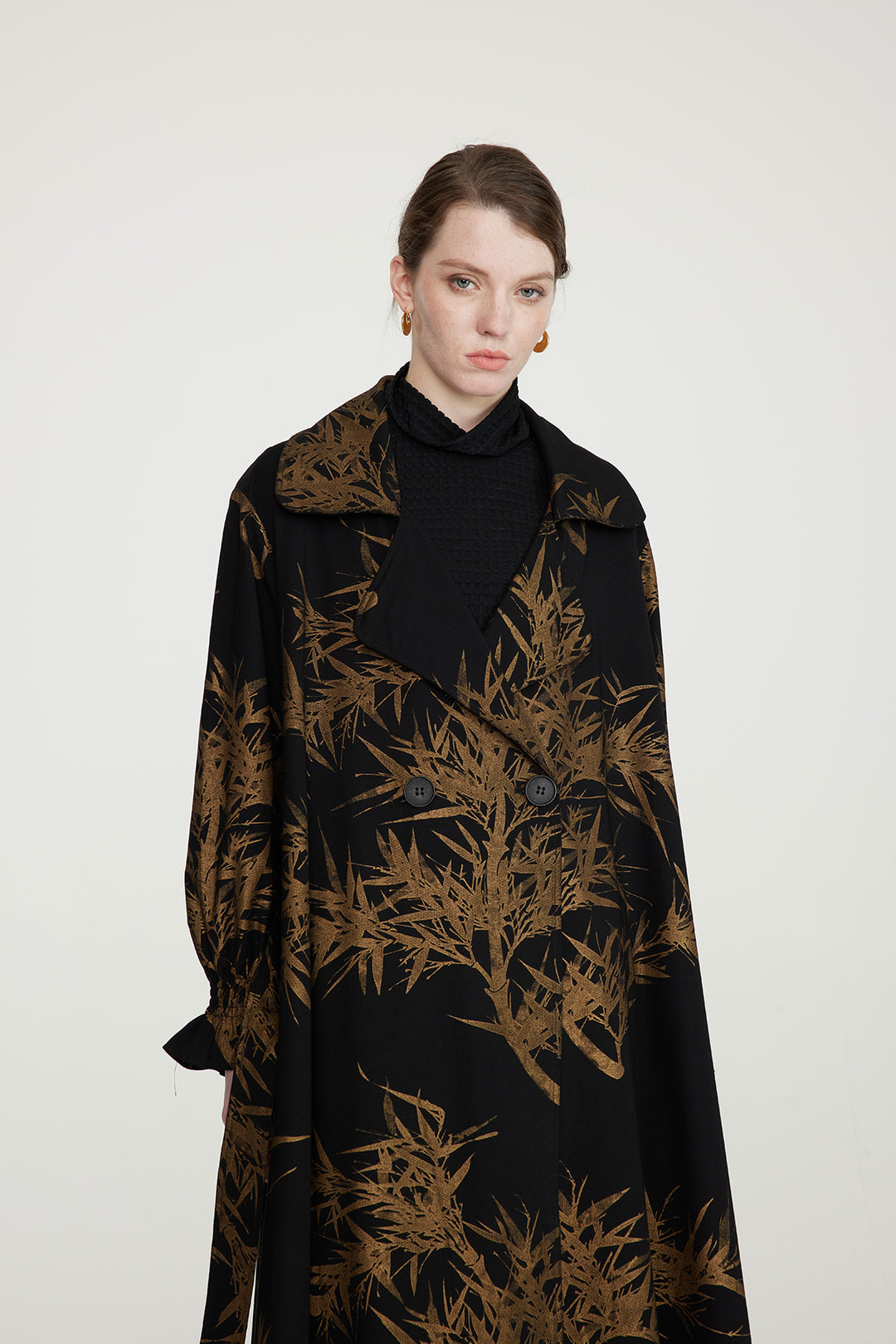 Manteau long confortable à imprimé feuilles, coupe ample
