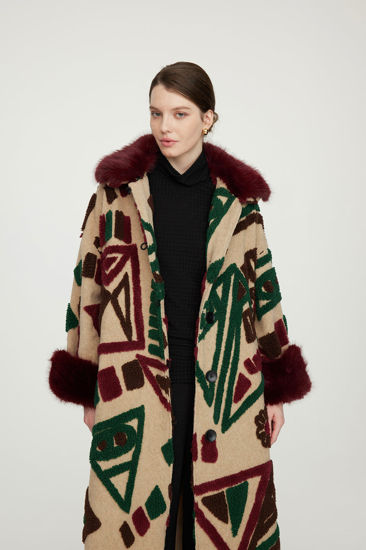 Abstract Faux Fur Wool Coat