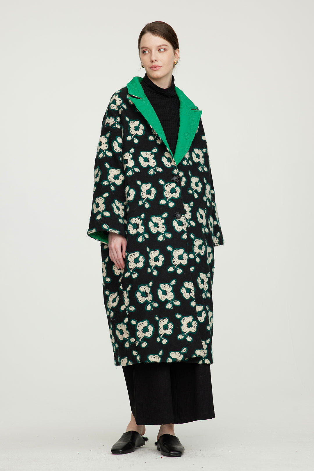Flower Embroidery Casual Cotton Coat Green