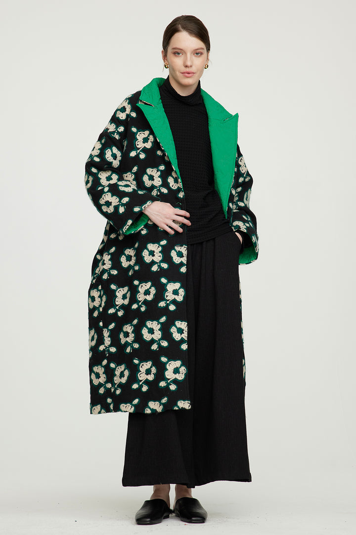 Flower Embroidery Casual Cotton Coat Green