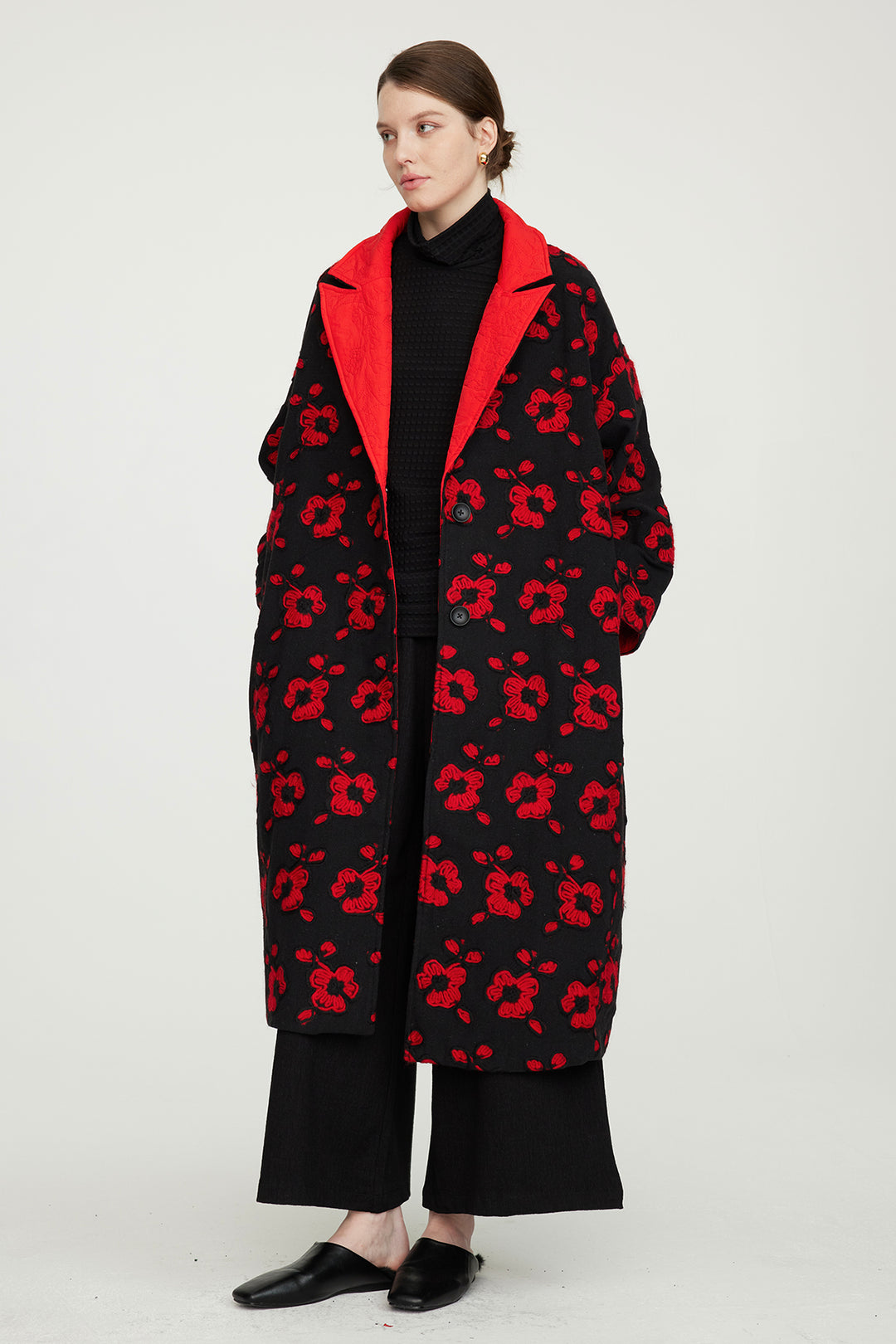 Flower Embroidery Casual Cotton Coat Red