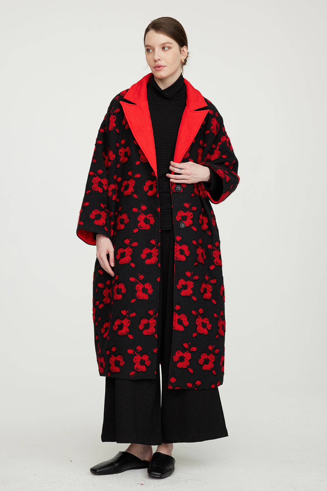 Flower Embroidery Casual Cotton Coat Red