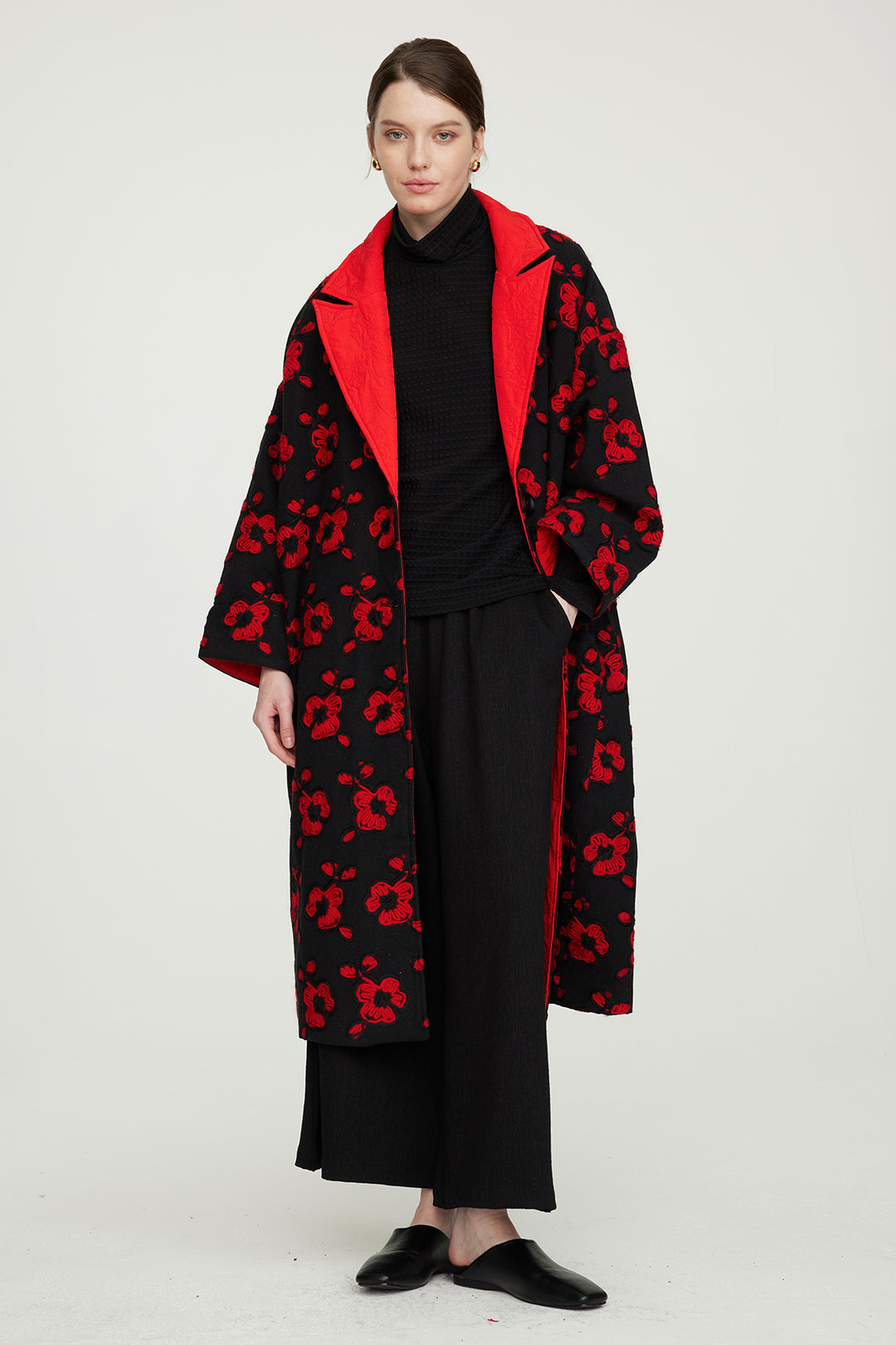 Flower Embroidery Casual Cotton Coat Red