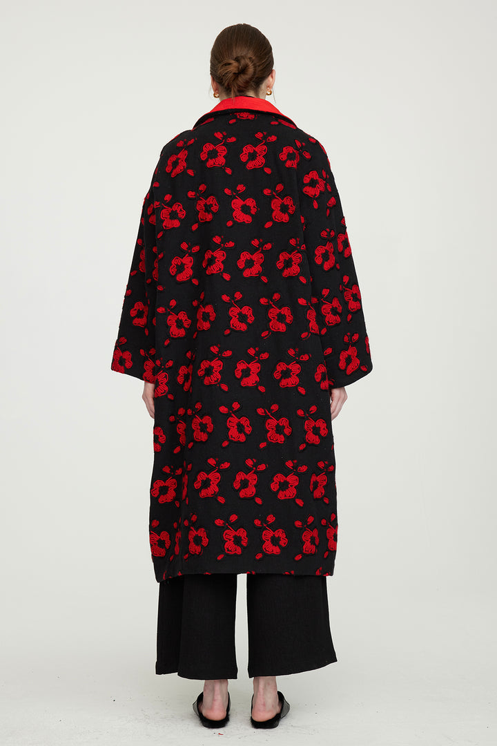 Flower Embroidery Casual Cotton Coat Red