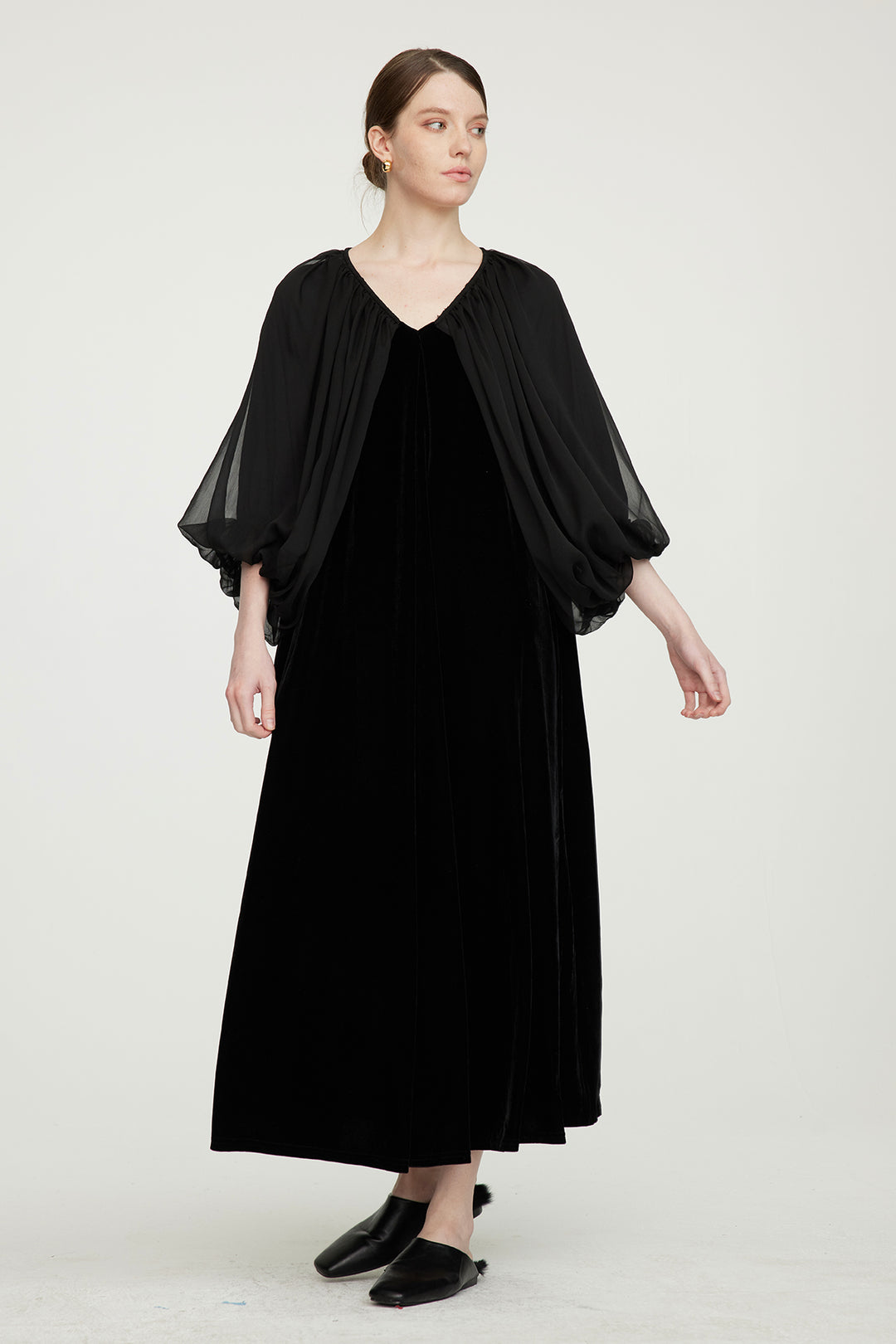 Casette Mesh Sleeve V-Neck Elegant Velvet Dress
