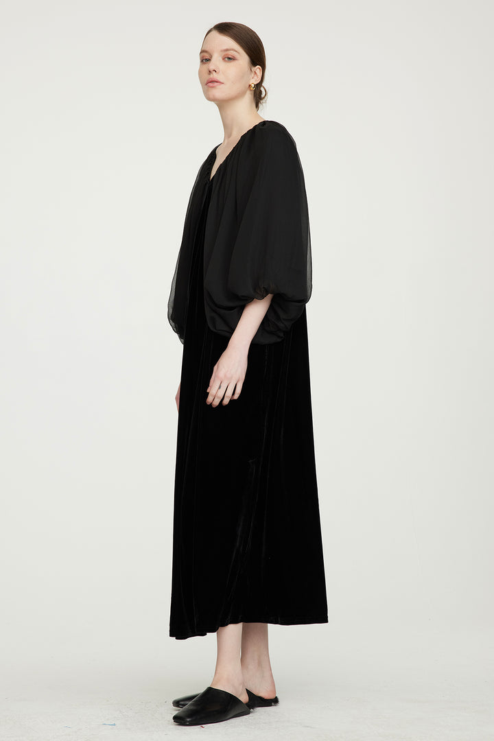 Casette Mesh Sleeve V-Neck Elegant Velvet Dress