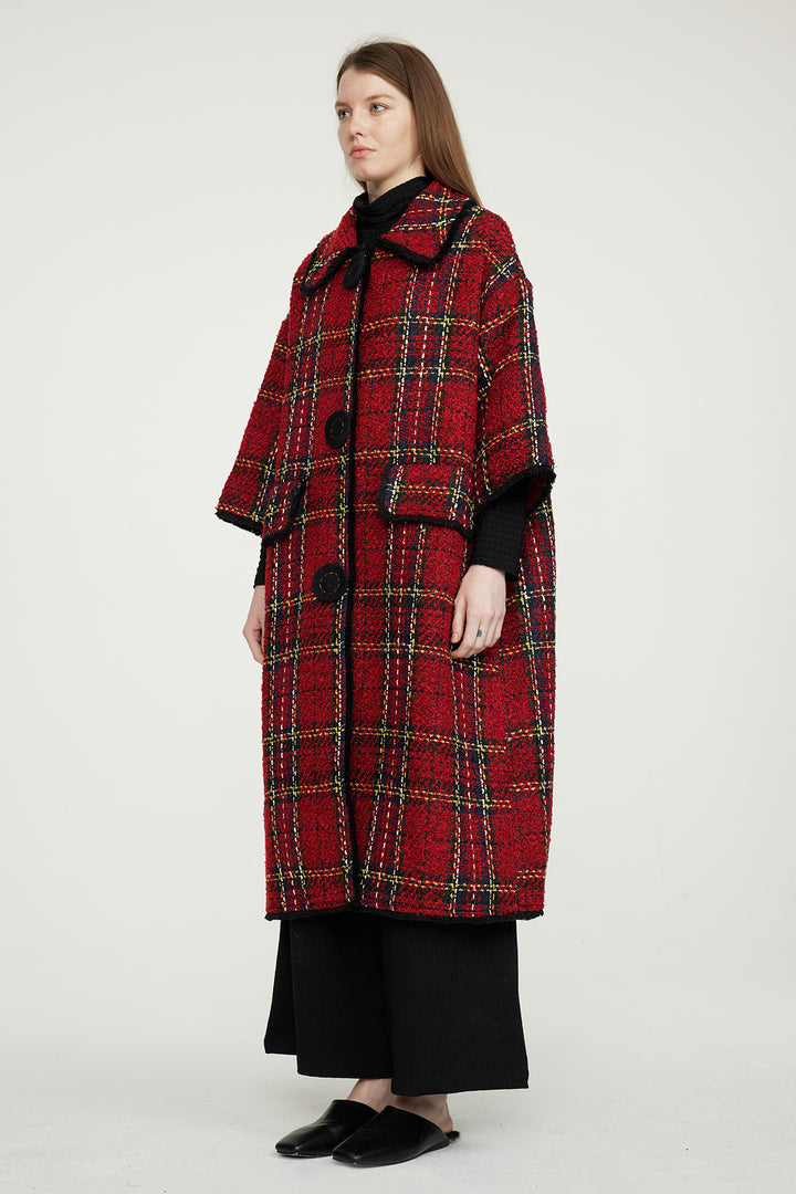 Embroidered Grid Wool Coat