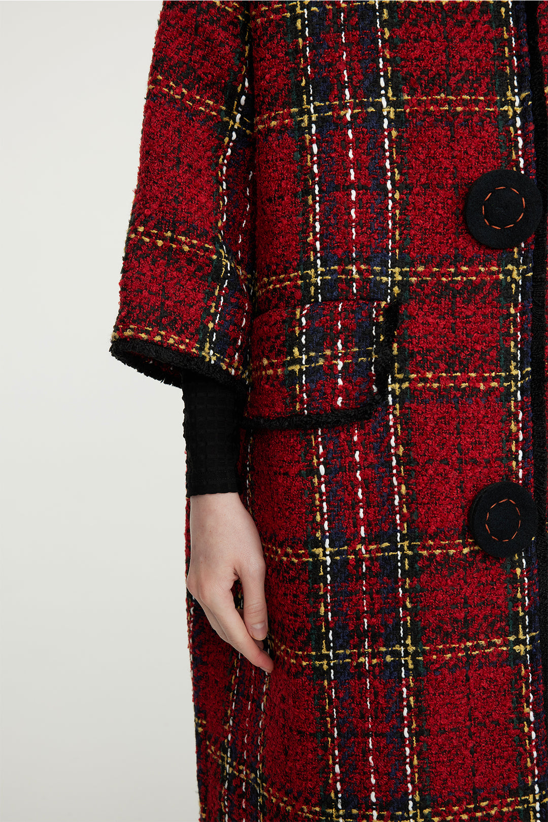 Embroidered Grid Wool Coat