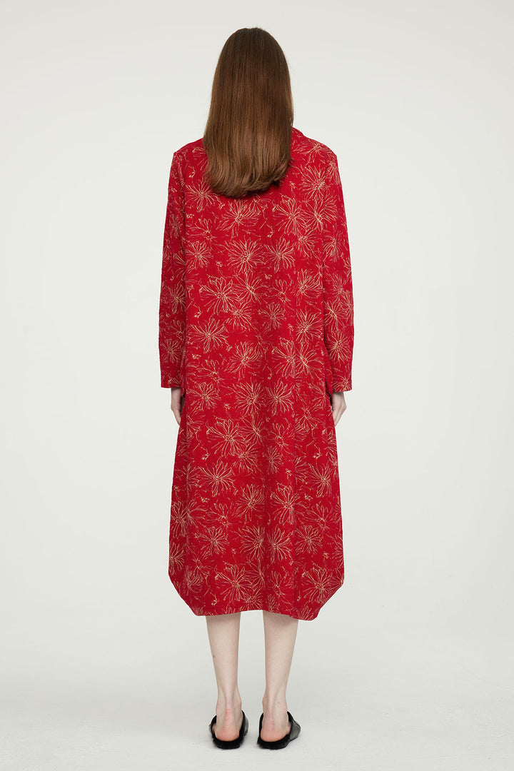 Red Embroidery Casual Dress With Scarf