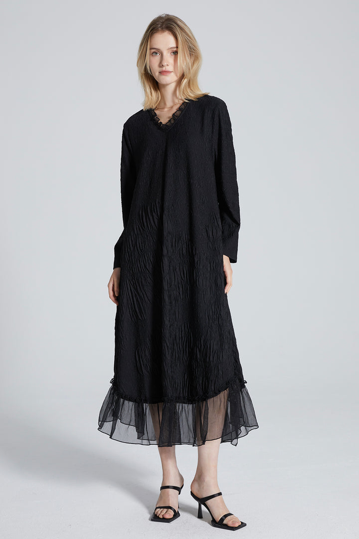 V-Neck Long Sleeve Mesh Splice Maxi Dress