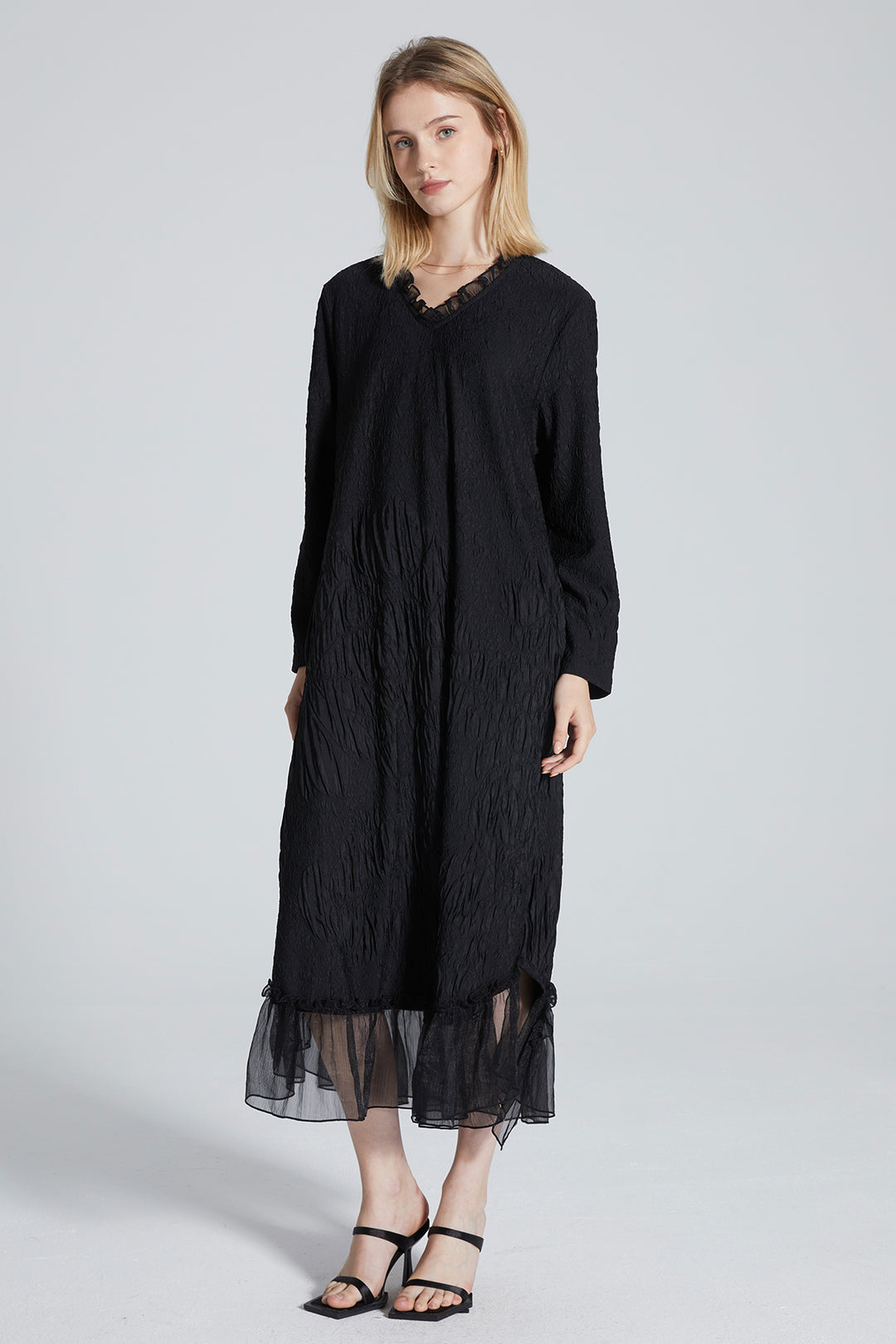 V-Neck Long Sleeve Mesh Splice Maxi Dress