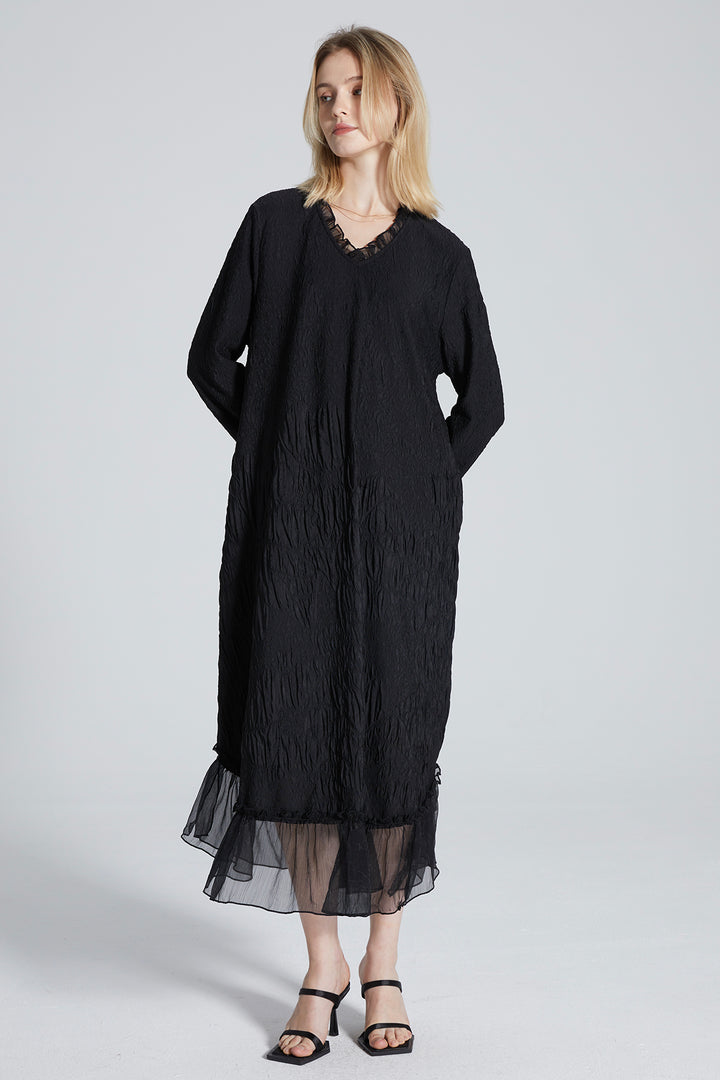 V-Neck Long Sleeve Mesh Splice Maxi Dress