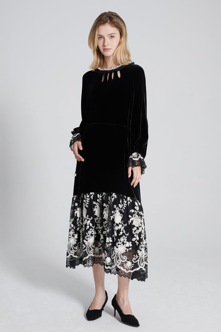 Asha Hollow Out Lace Splice Velvet Dress